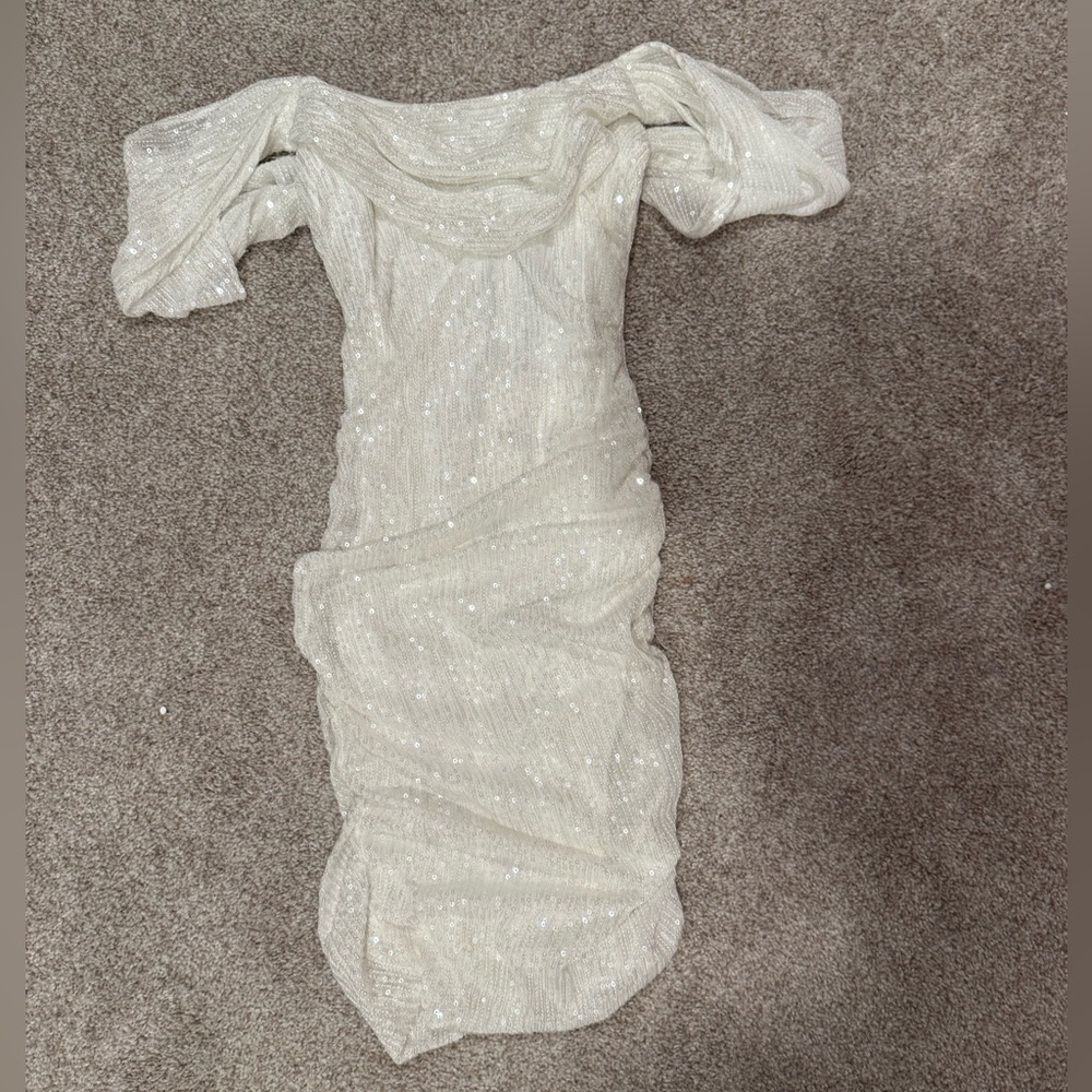 Hello Molly ruched off the shoulder white sequin dress